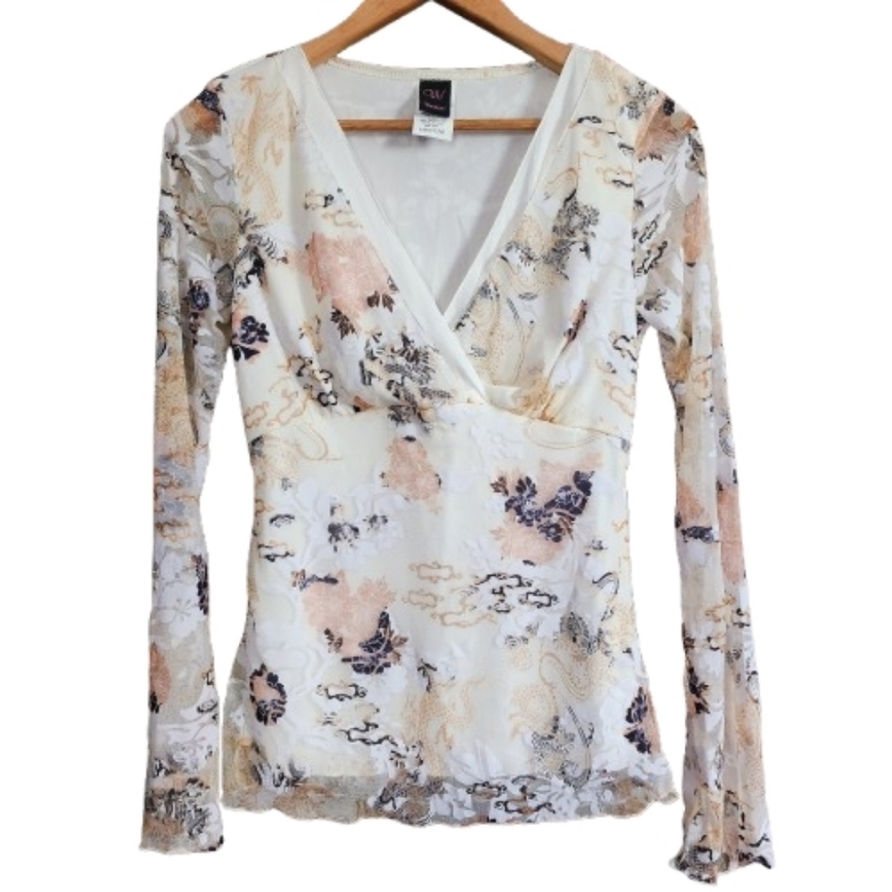 NWT Womens M USA Wrapper Floral Boho Long Sleeve Soft Girl Sheer Lined Top